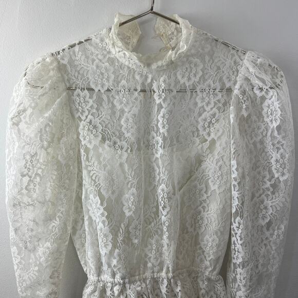 VINTAGE Victorian White Lace Ruffle Peplum Blouse Floral High Neck Back Button - Picture 2 of 4